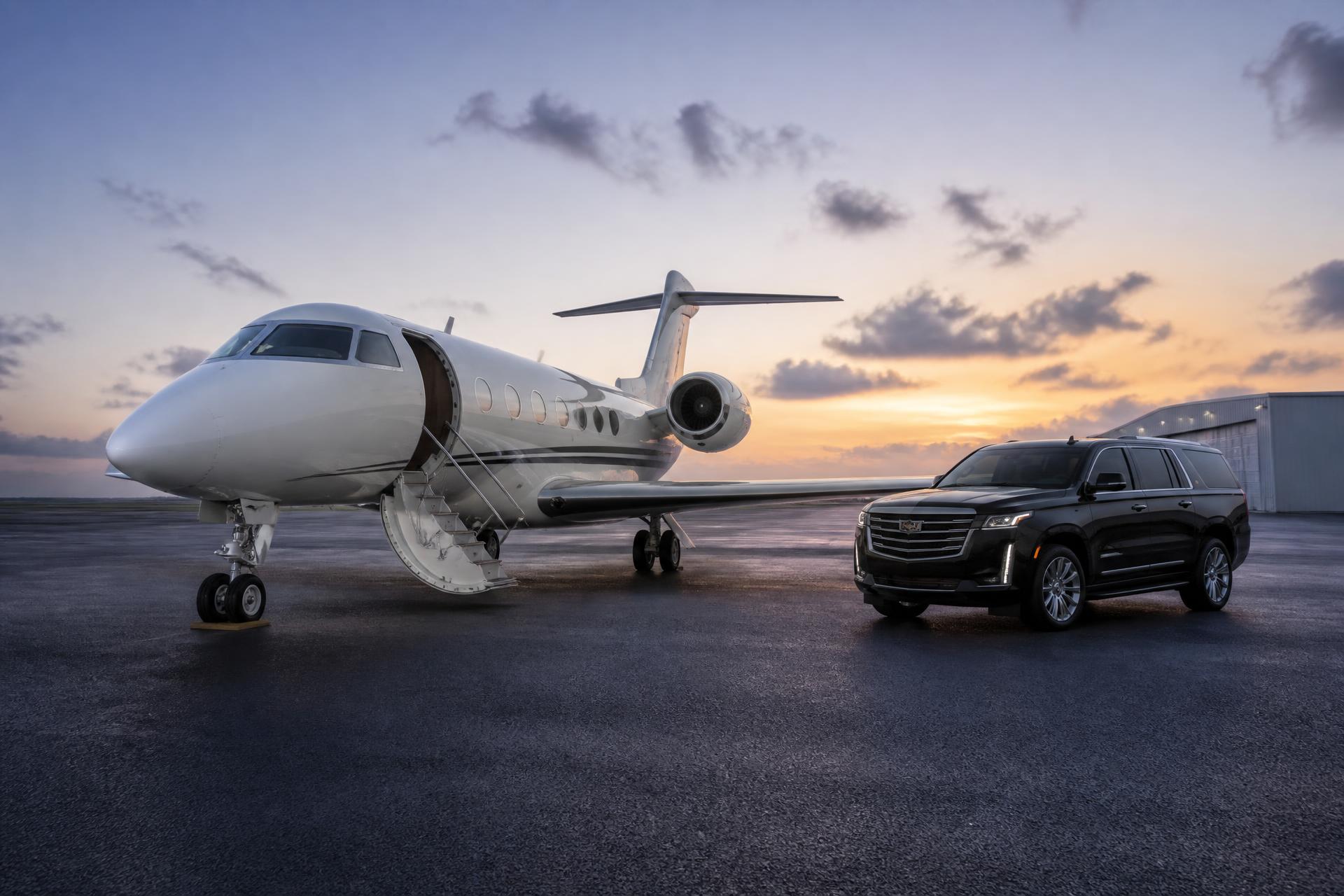Private jet and black SUV waiting on a tarmac at night